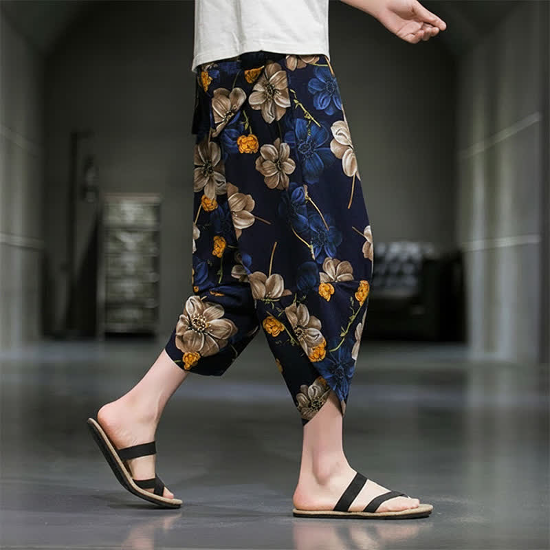 Buddha Stones Pantalon Capri bohème fleuri d'été décontracté pour homme, pantalon fuselé avec poches - image 5