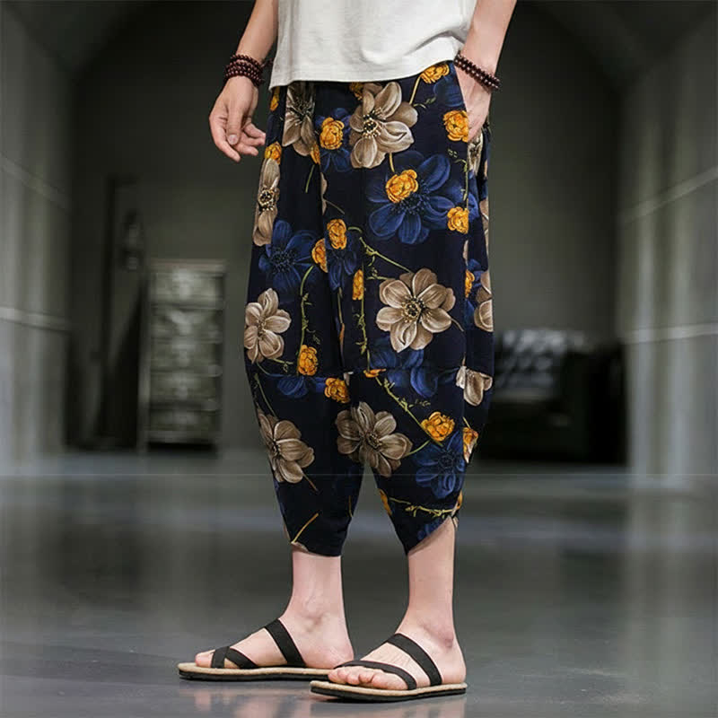 Buddha Stones Pantalon Capri bohème fleuri d'été décontracté pour homme, pantalon fuselé avec poches - image 6
