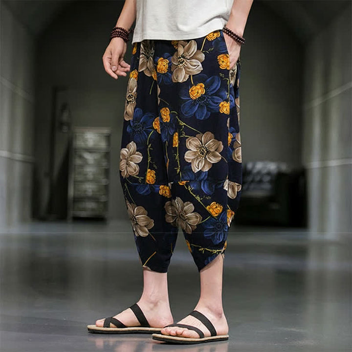 Buddha Stones Pantalon Capri bohème fleuri d'été décontracté pour homme, pantalon fuselé avec poches - image 6
