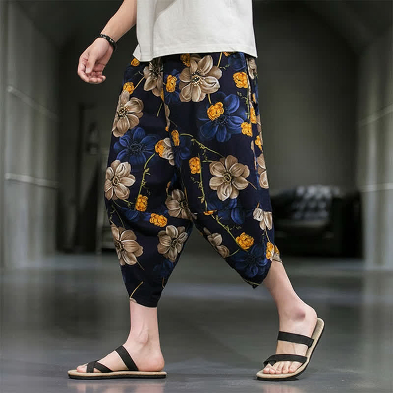 Buddha Stones Pantalon Capri bohème fleuri d'été décontracté pour homme, pantalon fuselé avec poches - image 2