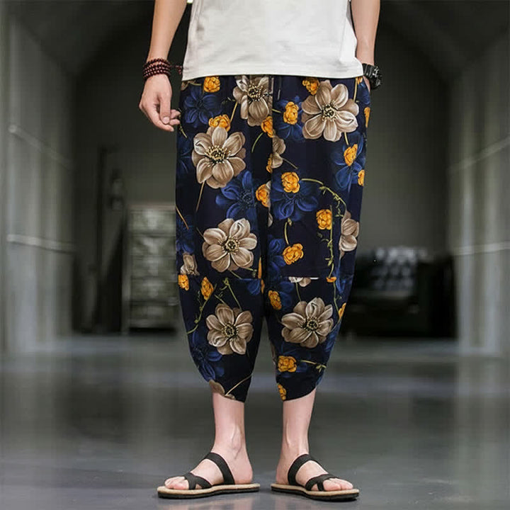 Buddha Stones Pantalon Capri bohème fleuri d'été décontracté pour homme, pantalon fuselé avec poches - image 1
