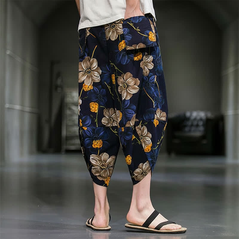 Buddha Stones Pantalon Capri bohème fleuri d'été décontracté pour homme, pantalon fuselé avec poches - image 4