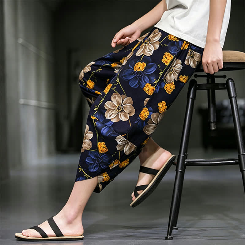 Buddha Stones Pantalon Capri bohème fleuri d'été décontracté pour homme, pantalon fuselé avec poches - image 10