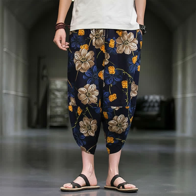 Buddha Stones Pantalon Capri bohème fleuri d'été décontracté pour homme, pantalon fuselé avec poches - image 1