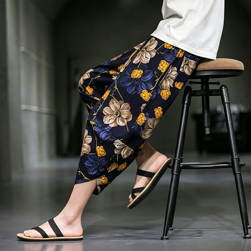 Buddha Stones Pantalon Capri bohème fleuri d'été décontracté pour homme, pantalon fuselé avec poches - image 9