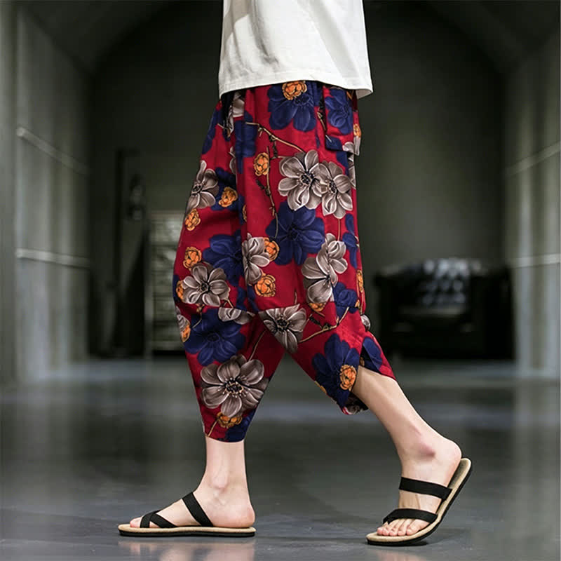 Buddha Stones Pantalon Capri bohème fleuri d'été décontracté pour homme, pantalon fuselé avec poches - image 13