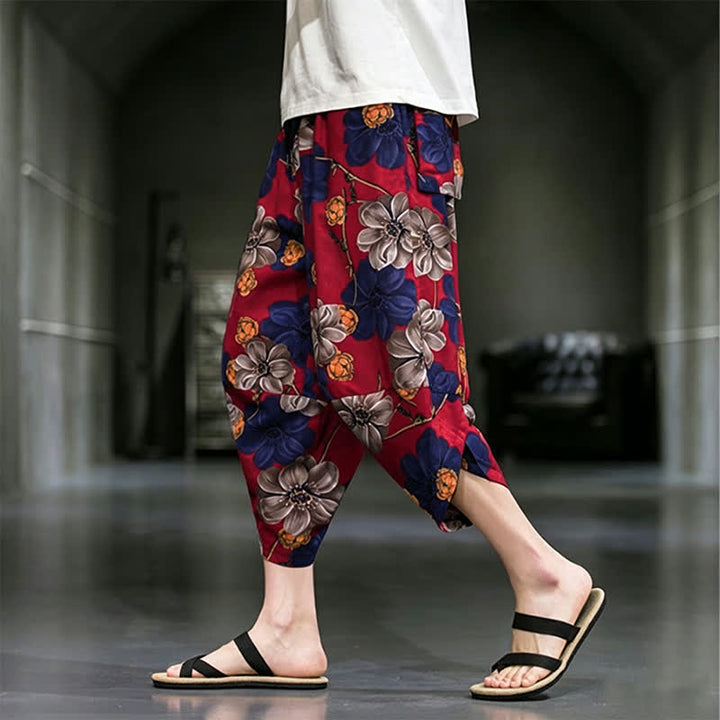 Buddha Stones Pantalon Capri bohème fleuri d'été décontracté pour homme, pantalon fuselé avec poches - image 13