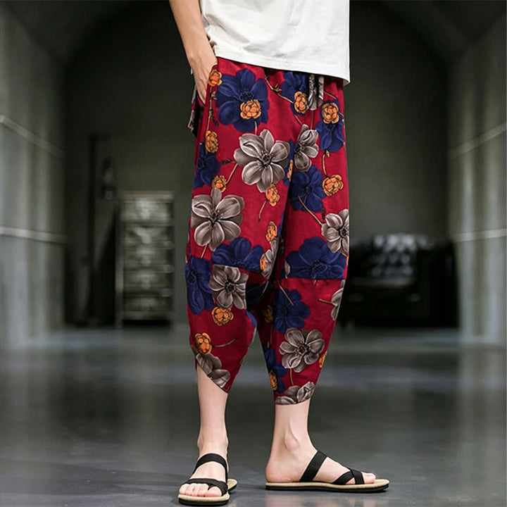 Buddha Stones Pantalon Capri bohème fleuri d'été décontracté pour homme, pantalon fuselé avec poches - image 12