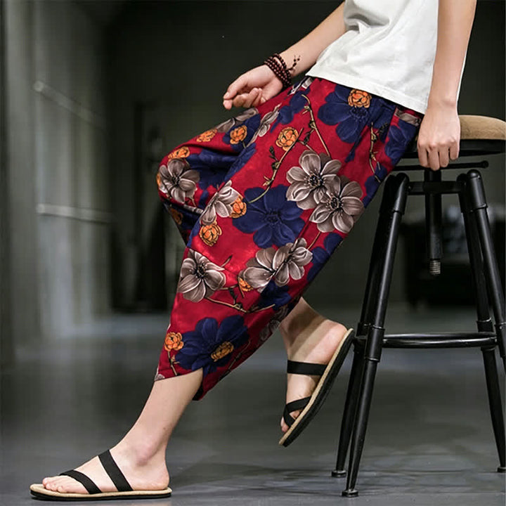 Buddha Stones Pantalon Capri bohème fleuri d'été décontracté pour homme, pantalon fuselé avec poches - image 17
