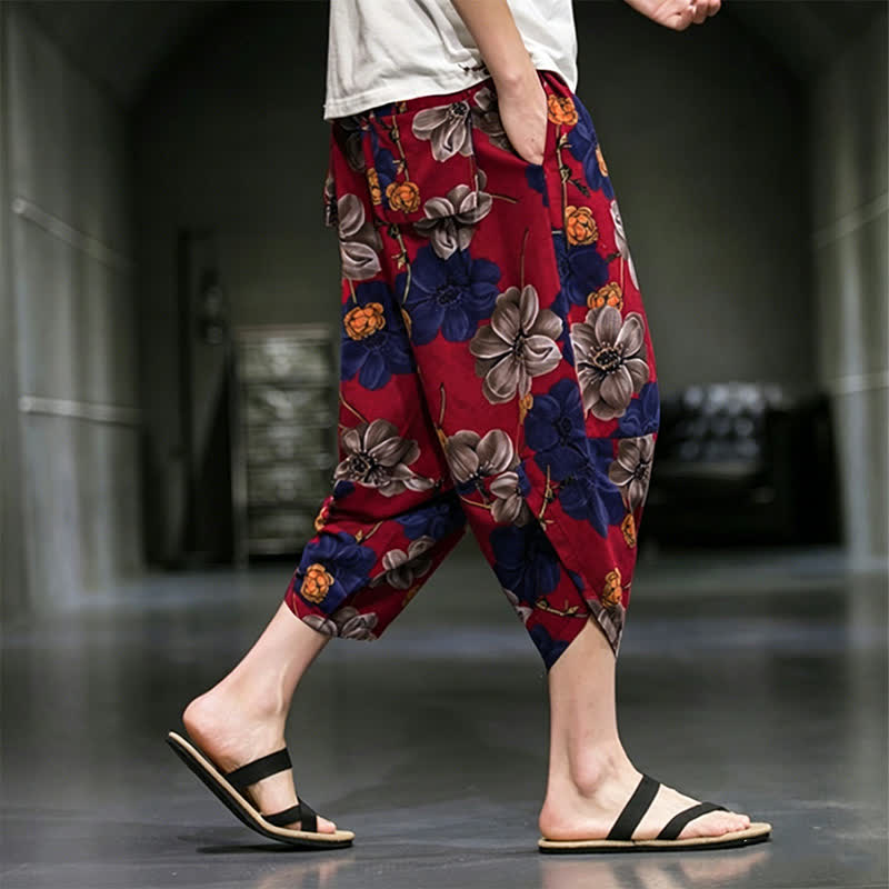 Buddha Stones Pantalon Capri bohème fleuri d'été décontracté pour homme, pantalon fuselé avec poches - image 15
