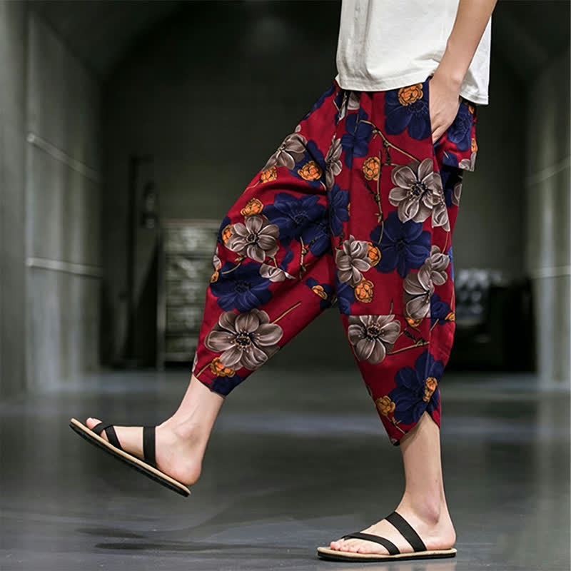 Buddha Stones Pantalon Capri bohème fleuri d'été décontracté pour homme, pantalon fuselé avec poches - image 16