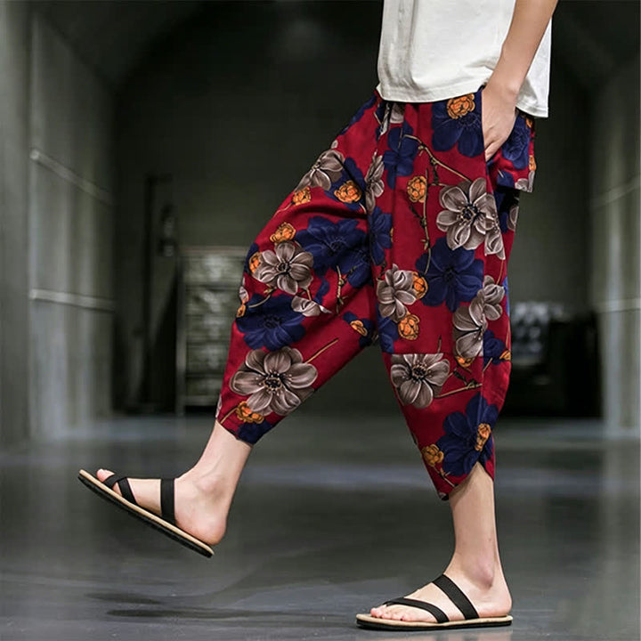 Buddha Stones Pantalon Capri bohème fleuri d'été décontracté pour homme, pantalon fuselé avec poches - image 16