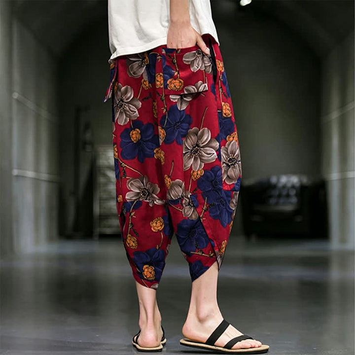 Buddha Stones Pantalon Capri bohème fleuri d'été décontracté pour homme, pantalon fuselé avec poches - image 14