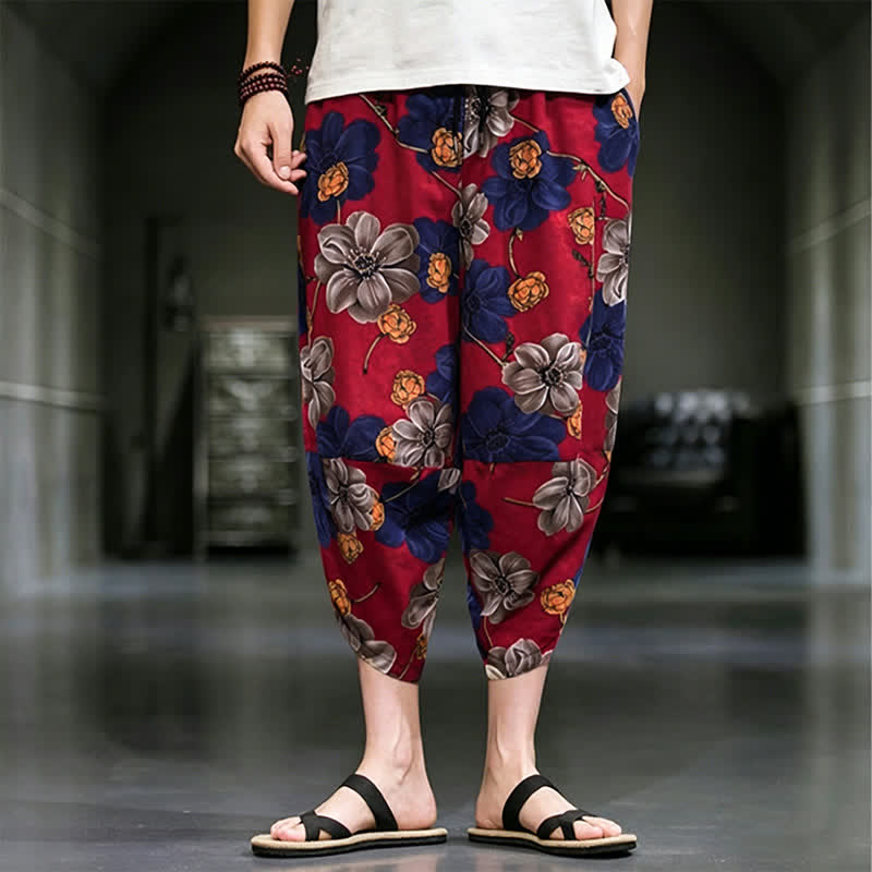 Buddha Stones Pantalon Capri bohème fleuri d'été décontracté pour homme, pantalon fuselé avec poches - FireBrick - US/UK/AU48, EU58 (5XL) - image 11