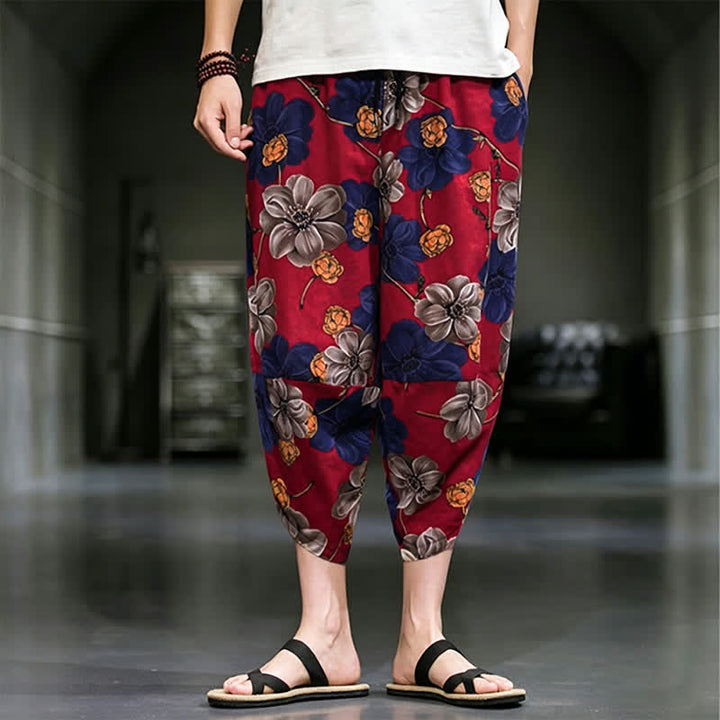 Buddha Stones Pantalon Capri bohème fleuri d'été décontracté pour homme, pantalon fuselé avec poches - FireBrick - US/UK/AU48, EU58 (5XL) - image 11