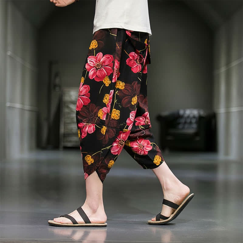 Buddha Stones Pantalon Capri bohème fleuri d'été décontracté pour homme, pantalon fuselé avec poches - image 20