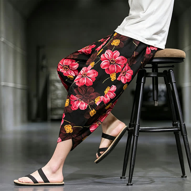 Buddha Stones Pantalon Capri bohème fleuri d'été décontracté pour homme, pantalon fuselé avec poches - image 24