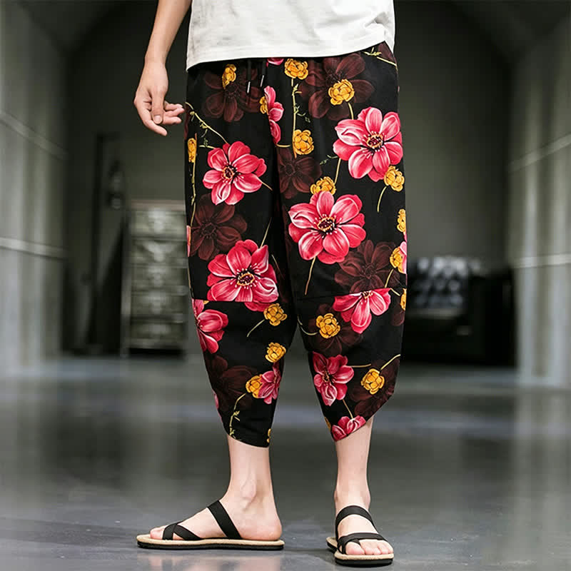 Buddha Stones Pantalon Capri bohème fleuri d'été décontracté pour homme, pantalon fuselé avec poches - image 22