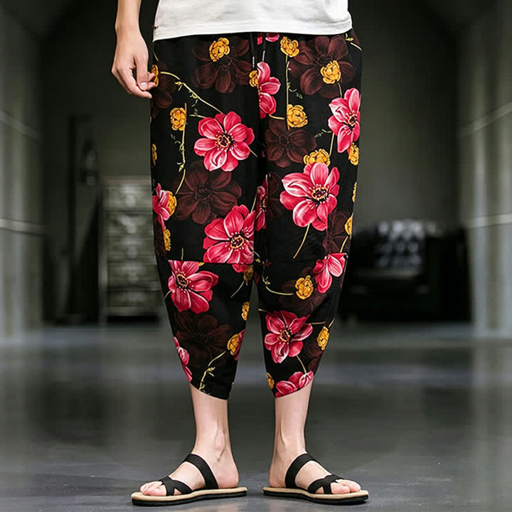 Buddha Stones Pantalon Capri bohème fleuri d'été décontracté pour homme, pantalon fuselé avec poches - Cramoisi - US/UK/AU48, EU58 (5XL) - image 18