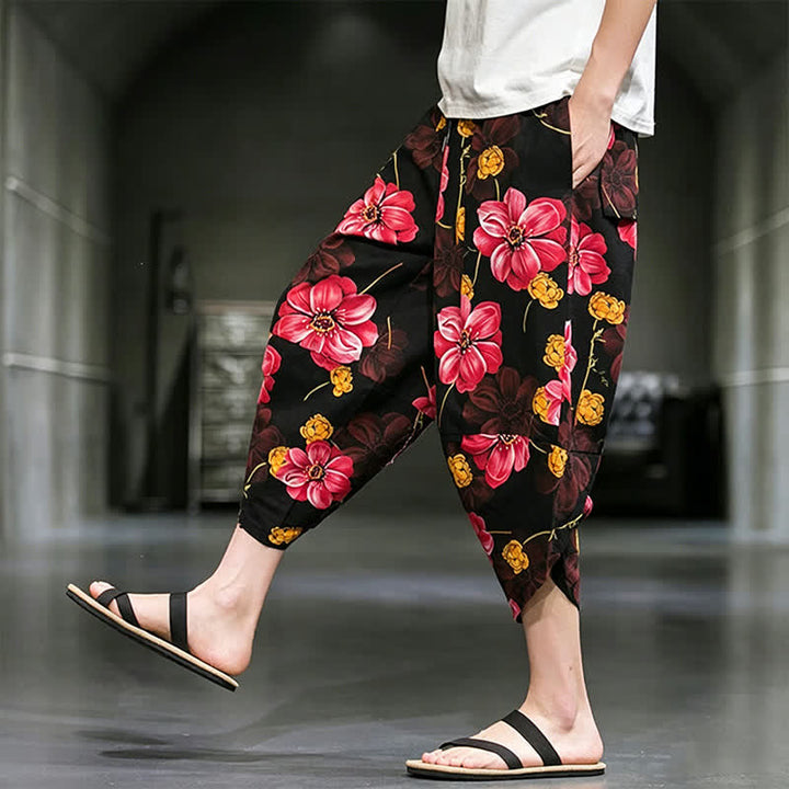 Buddha Stones Pantalon Capri bohème fleuri d'été décontracté pour homme, pantalon fuselé avec poches - image 23