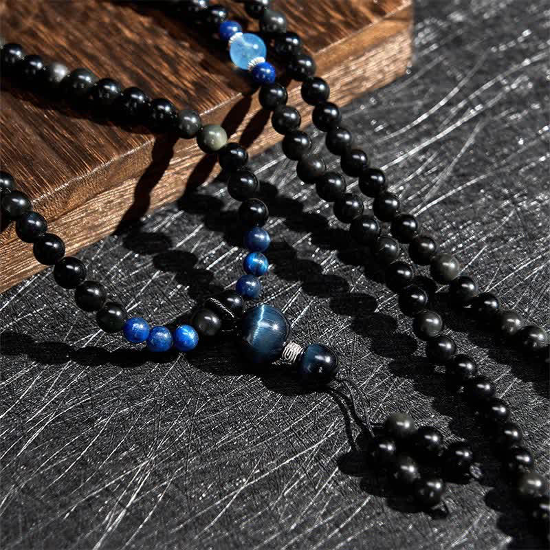 Mala de protection ronde en obsidienne noire de Buddha Stones, faite à la main, composée de 108 perles et ornée d'un pompon rond. - image 4