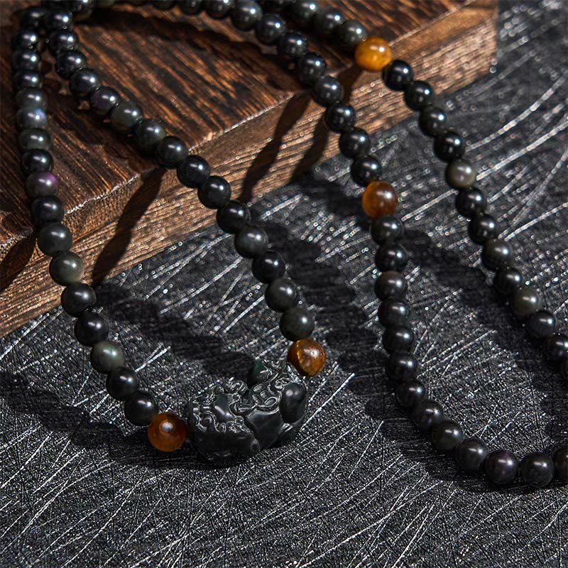 Buddha Stones Bracelet PiXiu en obsidienne arc-en-ciel et obsidienne noire, symbole de richesse, sculpté à la main. - image 5
