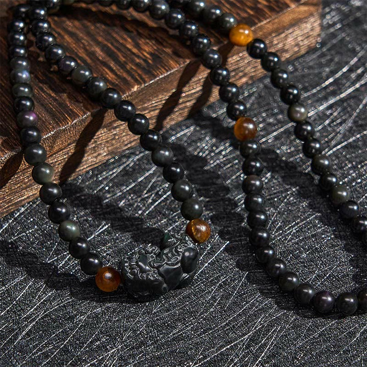 Buddha Stones Bracelet PiXiu en obsidienne arc-en-ciel et obsidienne noire, symbole de richesse, sculpté à la main. - image 5