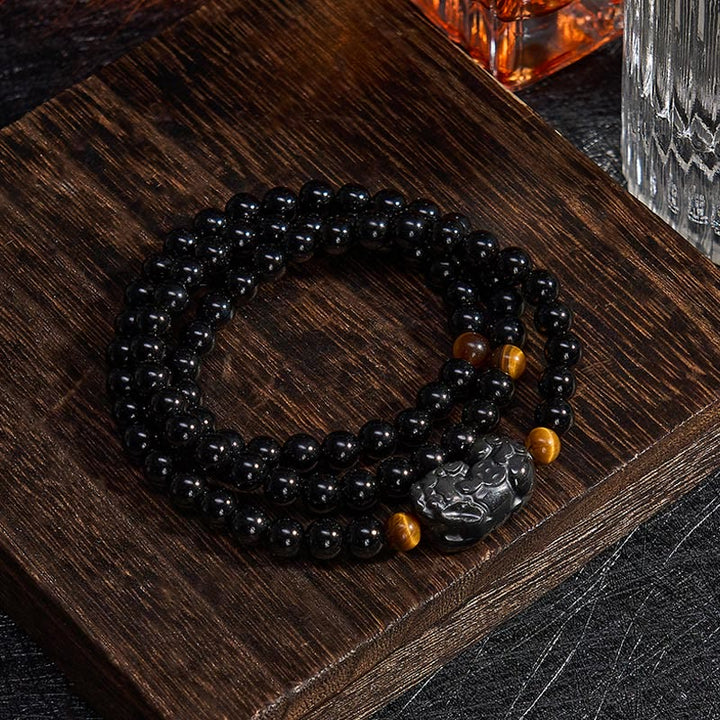 Buddha Stones Bracelet PiXiu en obsidienne arc-en-ciel et obsidienne noire, symbole de richesse, sculpté à la main. - image 11