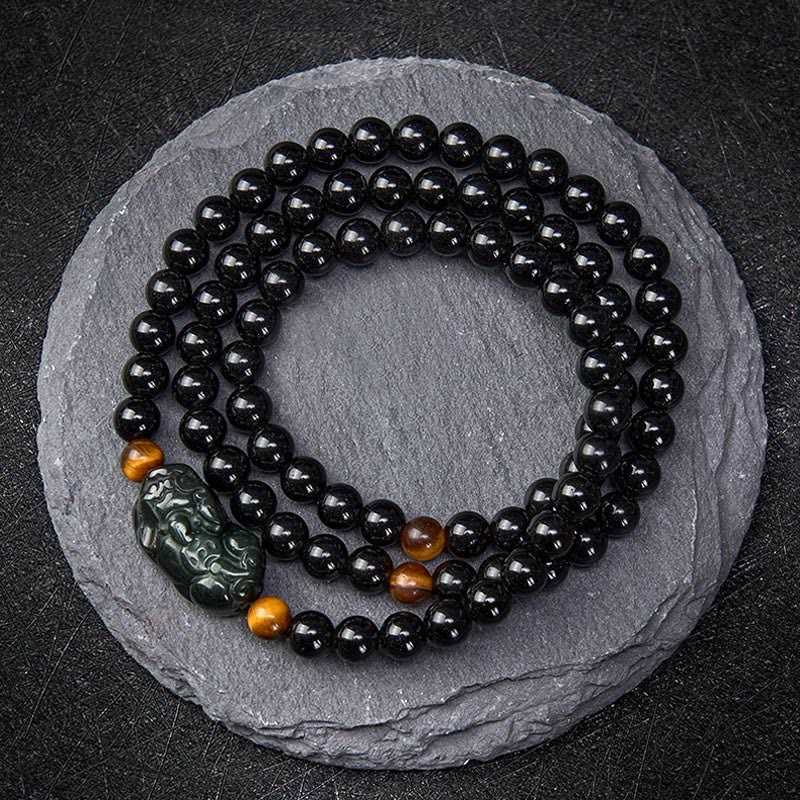Buddha Stones Bracelet PiXiu en obsidienne arc-en-ciel et obsidienne noire, symbole de richesse, sculpté à la main. - Perle d'obsidienne noire (Protection ♥ Ancrage) - 6 mm - image 9