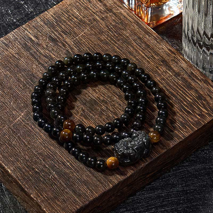 Buddha Stones Bracelet PiXiu en obsidienne arc-en-ciel et obsidienne noire, symbole de richesse, sculpté à la main. - image 2