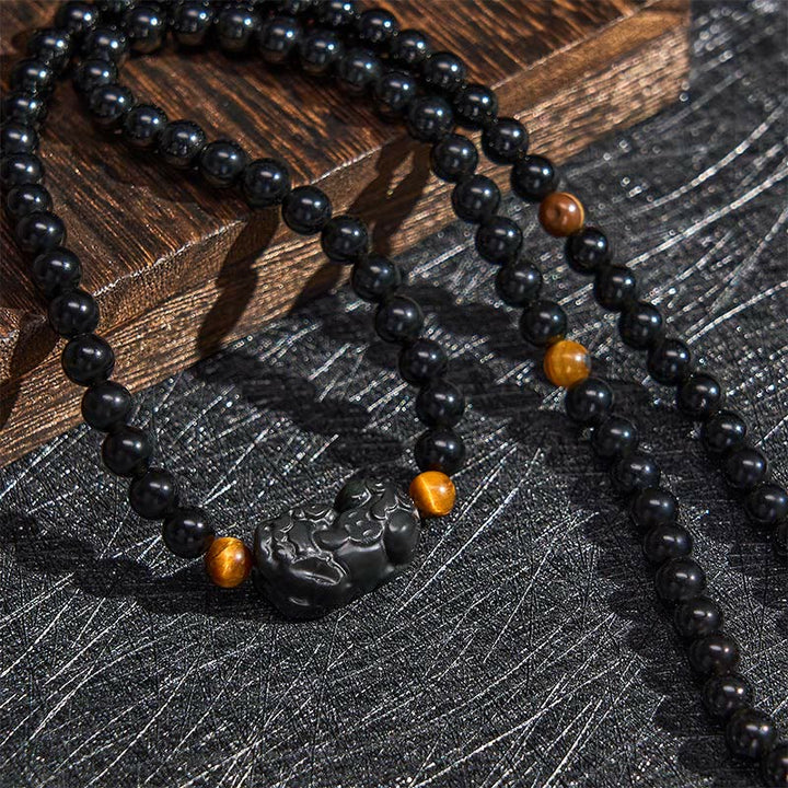 Buddha Stones Bracelet PiXiu en obsidienne arc-en-ciel et obsidienne noire, symbole de richesse, sculpté à la main. - image 13