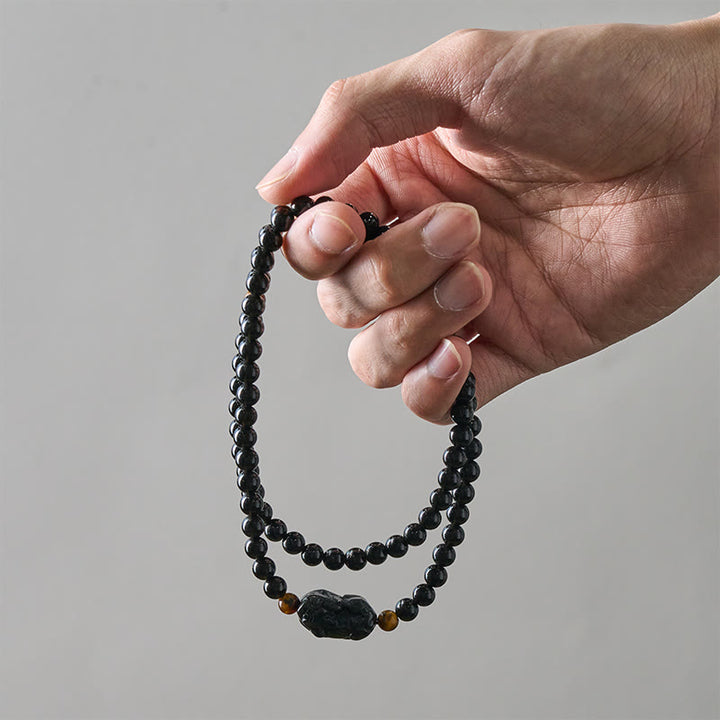 Buddha Stones Bracelet PiXiu en obsidienne arc-en-ciel et obsidienne noire, symbole de richesse, sculpté à la main. - image 14