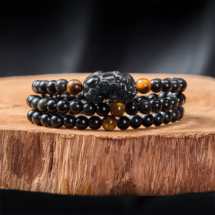 Buddha Stones Bracelet PiXiu en obsidienne arc-en-ciel et obsidienne noire, symbole de richesse, sculpté à la main. - image 1