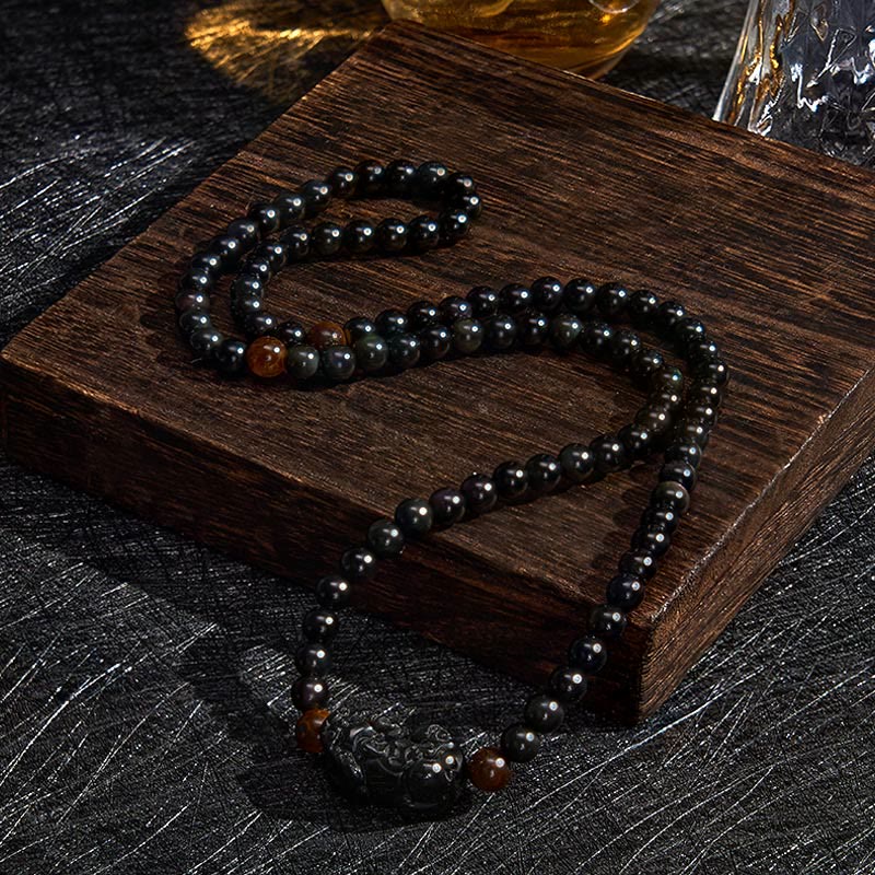 Buddha Stones Bracelet PiXiu en obsidienne arc-en-ciel et obsidienne noire, symbole de richesse, sculpté à la main. - image 3