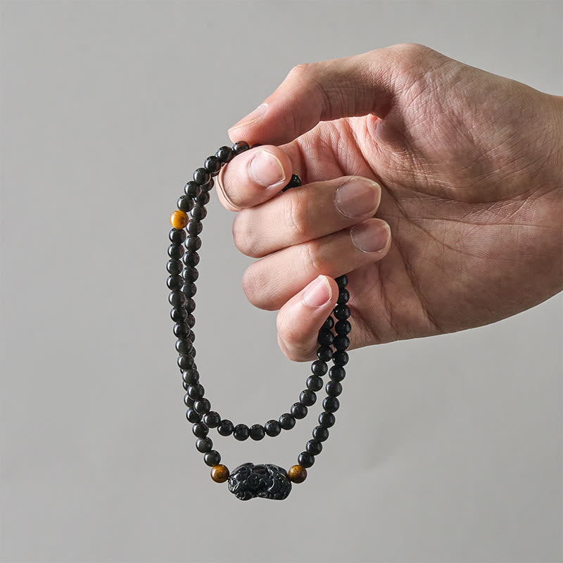 Buddha Stones Bracelet PiXiu en obsidienne arc-en-ciel et obsidienne noire, symbole de richesse, sculpté à la main. - image 6