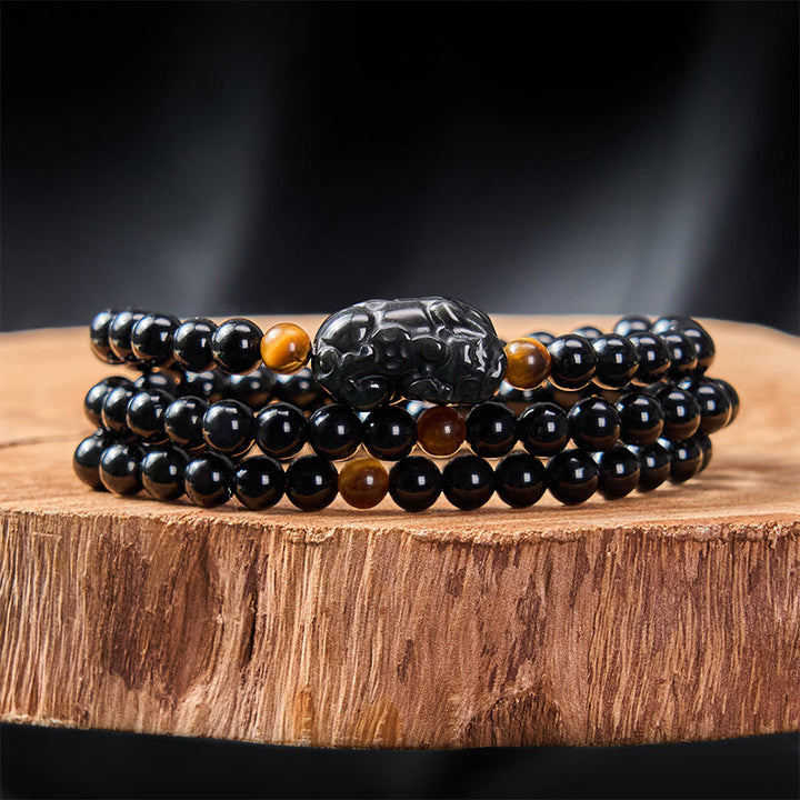 Buddha Stones Bracelet PiXiu en obsidienne arc-en-ciel et obsidienne noire, symbole de richesse, sculpté à la main. - image 10