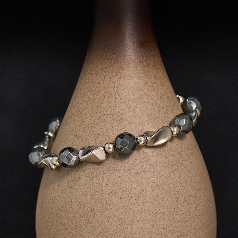 Buddha Stones Bracelet robuste en hématite naturelle et acier titane à maillons. - Hématite (Tour de poignet 16-19 cm) - image 0