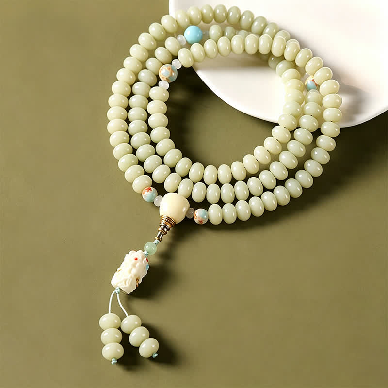 Buddha Stones Mala ethnique tissée à la main, 108 perles, motif Bodhisattva Tara Hope, graine de Bodhi blanche - image 2