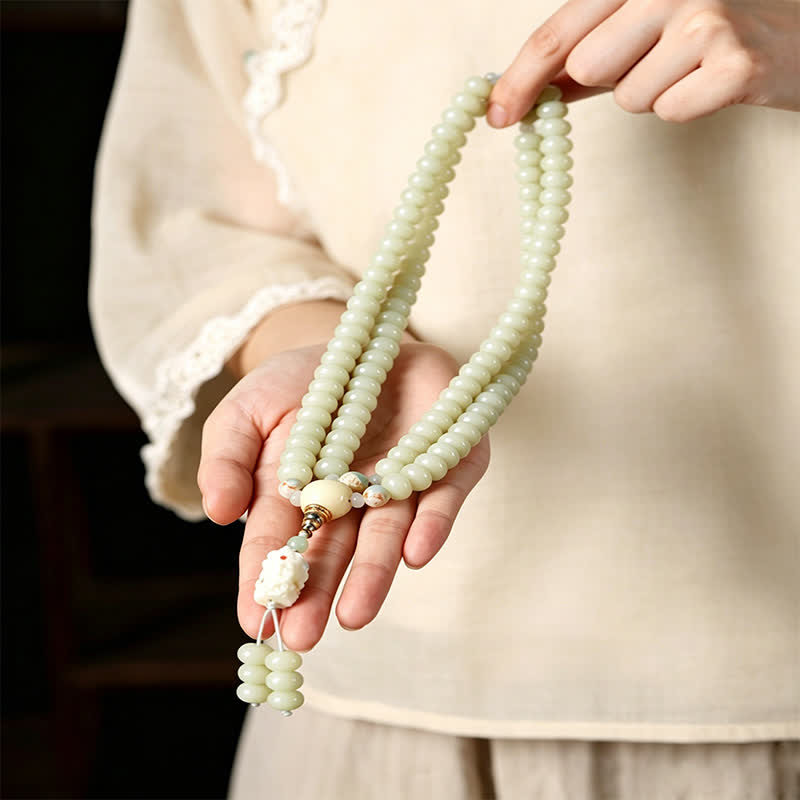 Buddha Stones Mala ethnique tissée à la main, 108 perles, motif Bodhisattva Tara Hope, graine de Bodhi blanche - image 7