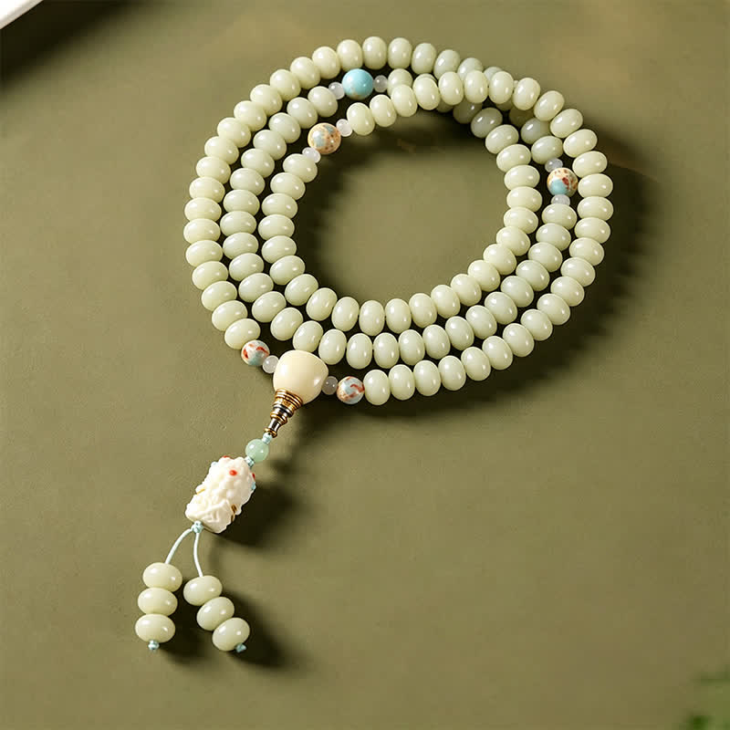 Buddha Stones Mala ethnique tissée à la main, 108 perles, motif Bodhisattva Tara Hope, graine de Bodhi blanche - image 1