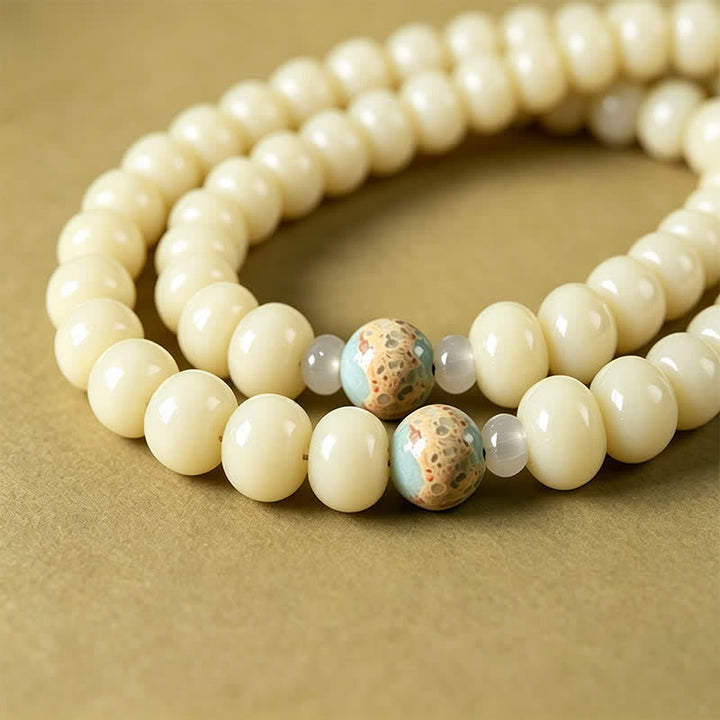 Buddha Stones Mala ethnique tissée à la main, 108 perles, motif Bodhisattva Tara Hope, graine de Bodhi blanche - image 11