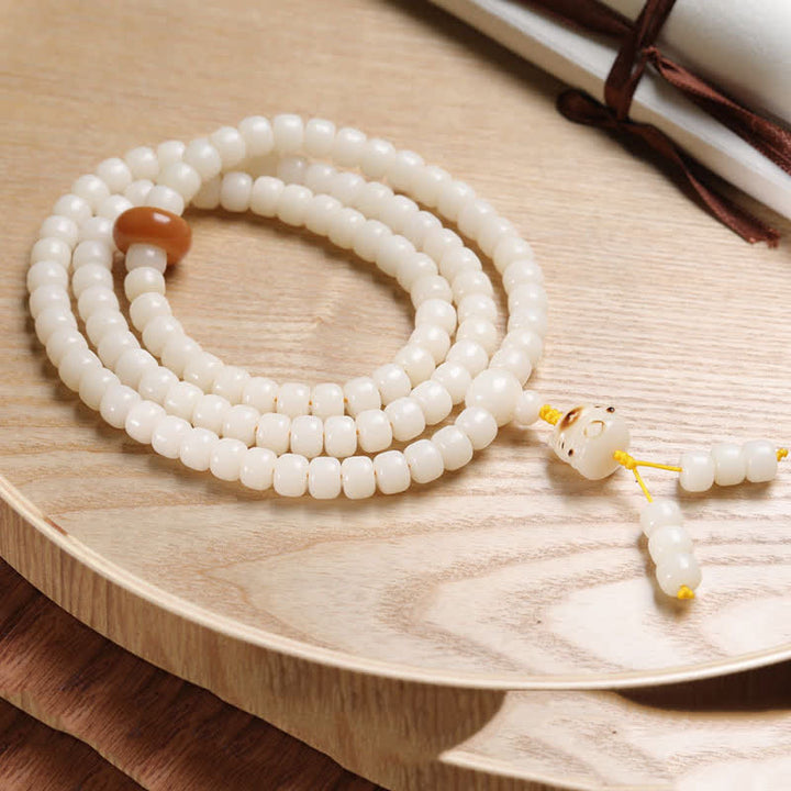 Buddha Stones Mala de prière polie à la main, symbole de pureté du chat et de graines de Bodhi blanches - 10 mm - Graine de Bodhi blanche (Pureté ♥ Clarté) - image 0