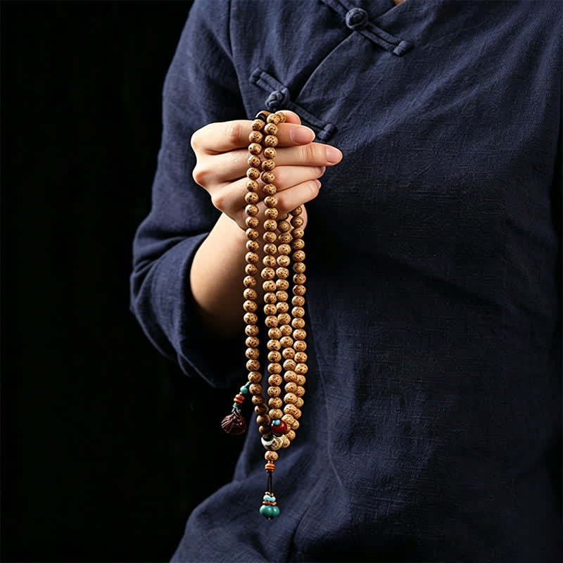 Buddha Stones Mala rond de 108 perles, orné de graines de lotus, de graines de Bodhi et d'étoiles, de lunes et de graines, fabriqué à la main. - image 10