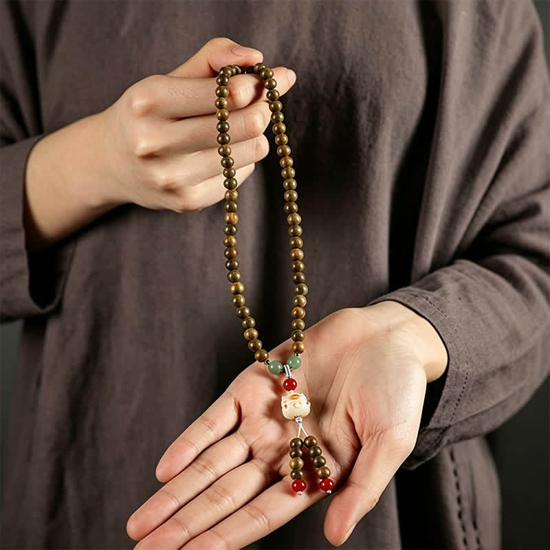 Buddha Stones Mala ethnique rétro tissée à la main en bois de santal vert, symbole de sérénité et de chat - image 10