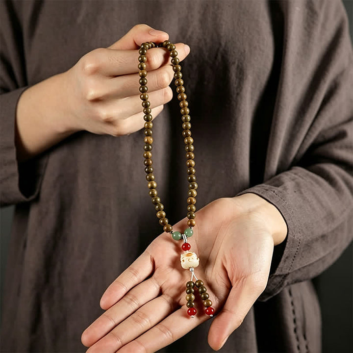 Buddha Stones Mala ethnique rétro tissée à la main en bois de santal vert, symbole de sérénité et de chat - image 10