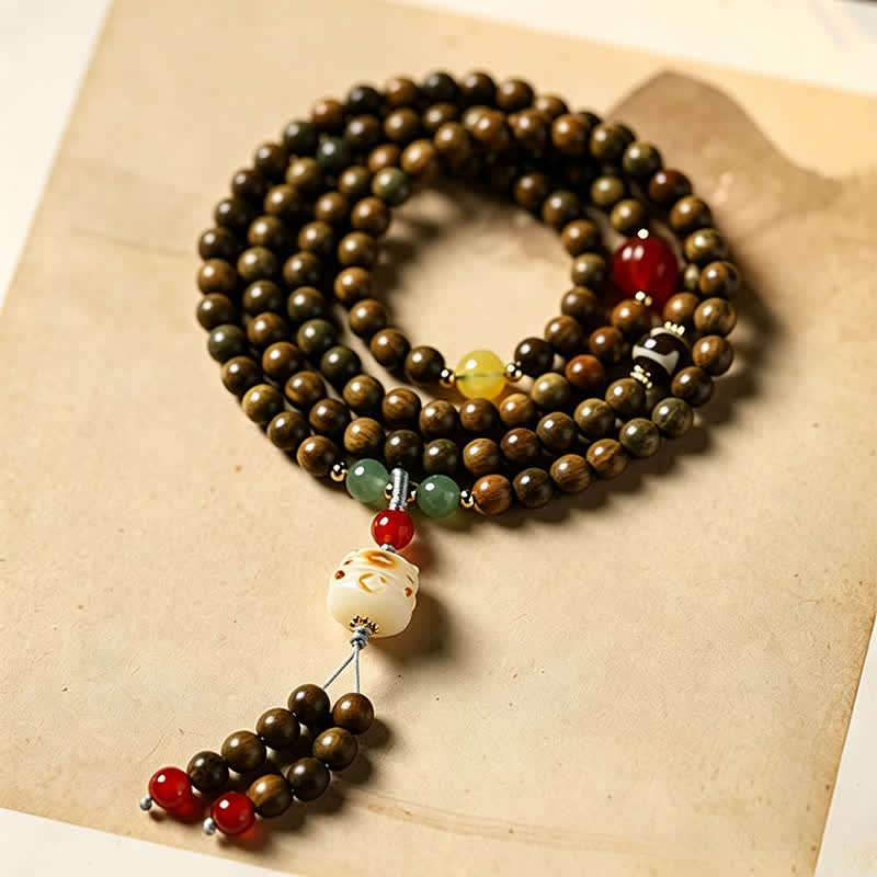 Buddha Stones Mala ethnique rétro tissée à la main en bois de santal vert, symbole de sérénité et de chat - image 1