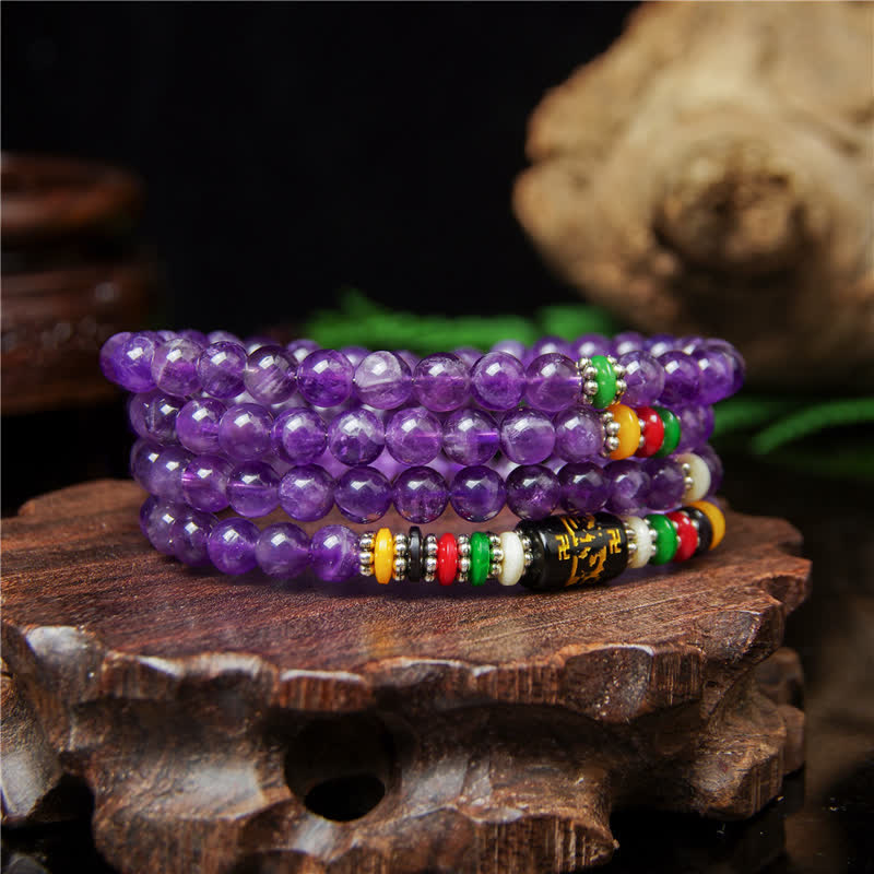 Buddha Stones Améthyste Om Mani Padme Hum Prière de pureté 108 perles Mala - image 1