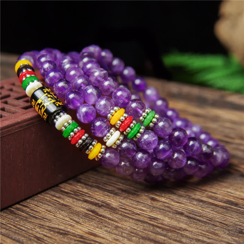 Buddha Stones Améthyste Om Mani Padme Hum Prière de pureté 108 perles Mala - image 8