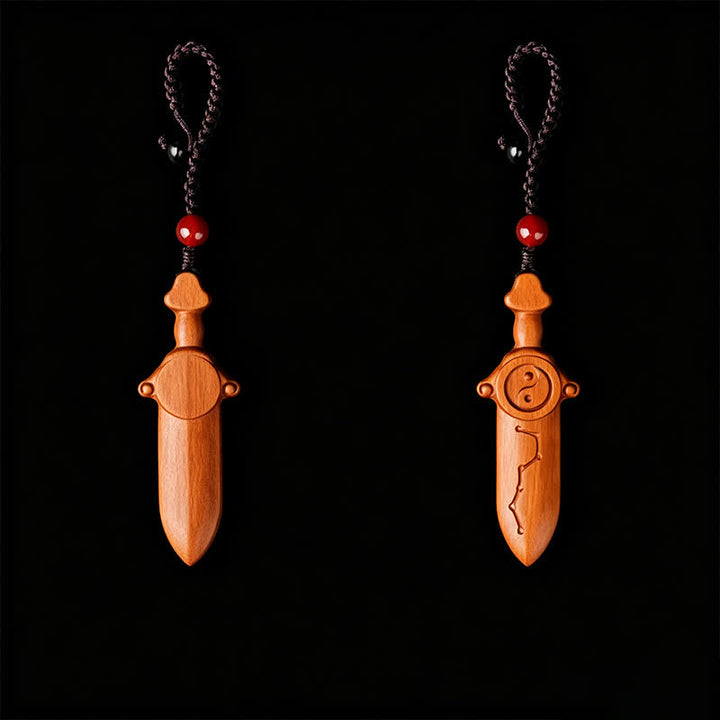 Buddha Stones Porte-clés en bois de jujubier avec épée gravée représentant l'équilibre Yin Yang - image 4