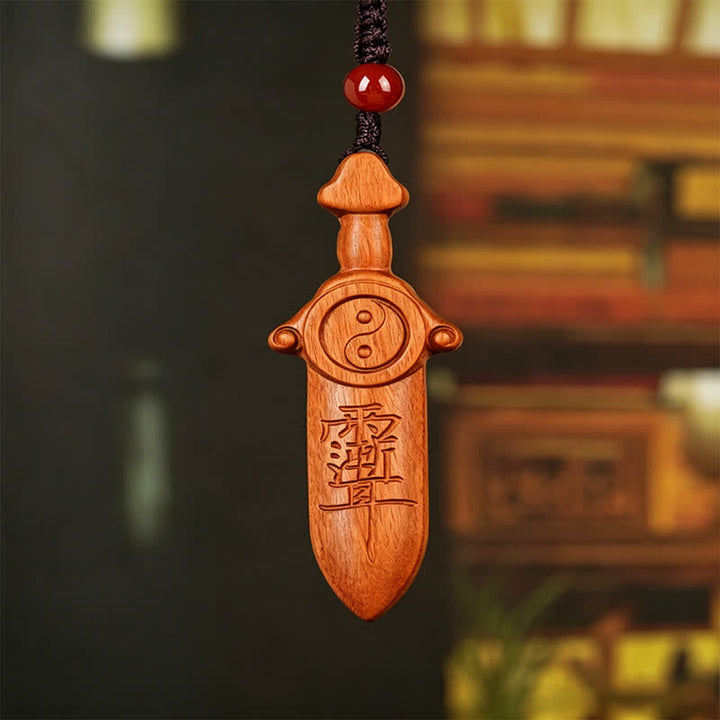 Buddha Stones Porte-clés en bois de jujubier avec épée gravée représentant l'équilibre Yin Yang - image 2